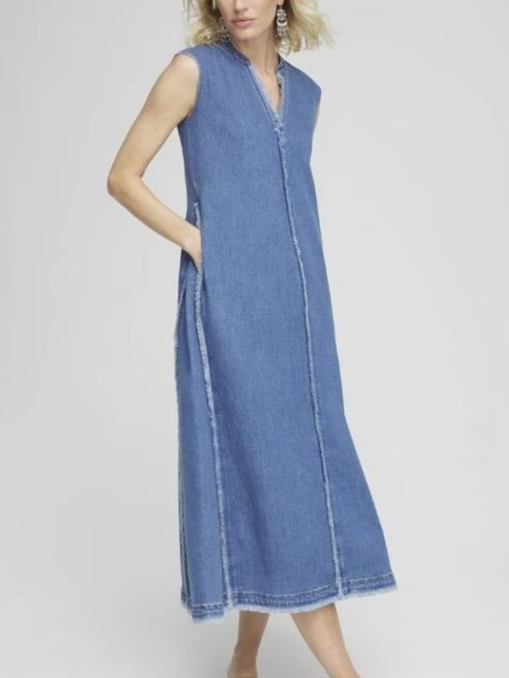 Chico's Sleeveless Denim Midi Dress in Light Blue